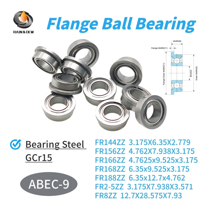 10Pcs  FR168ZZ  6.35x9.525x3.175mm,  FR144ZZ  3.175X6.35X2.779mm,   FR156ZZ 4.762X7.938X3.175mm Flange Ball Bearing ABEC-9