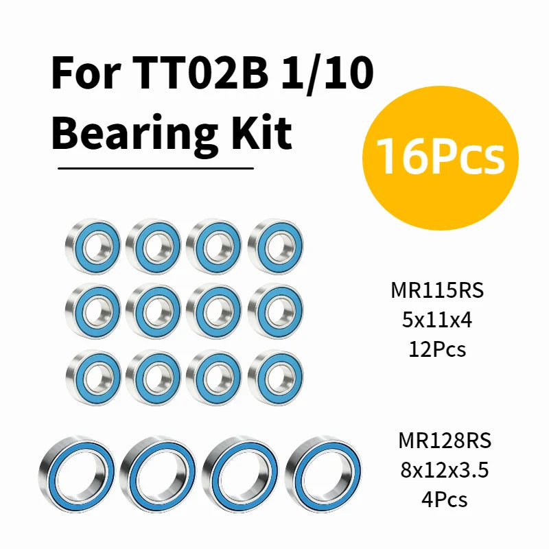 For Tamiya TT02B 1/10 RC Car 16PCS Sealed Bearing Set Shielded Ball Bearings Upgrade Parts Hop Up Options Kit