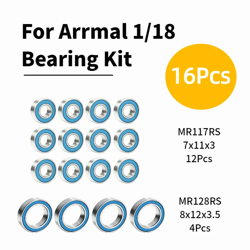 16Pcs Sealed Bearing Kit for Arrma 1/18 RC Car Ball Bearing Set Upgrade Replacement Parts