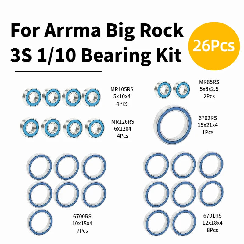 For ARRMA Big Rock 3S 1/10 RC Car Bearing Kit 4WD Off-Road Truck Ball Bearings Upgrade Parts Precision Sealed Bearings Set